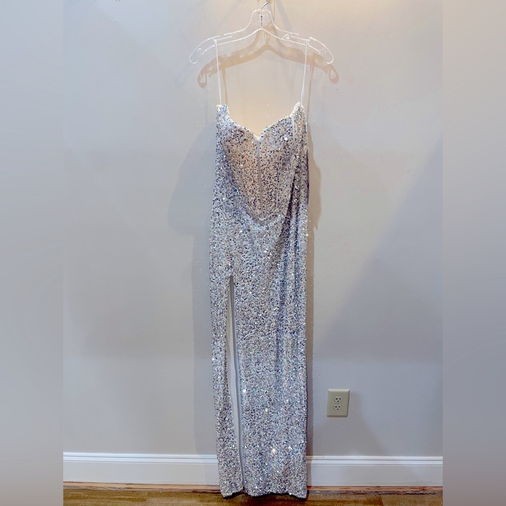 Silver Sequin Strapless Formal Gown